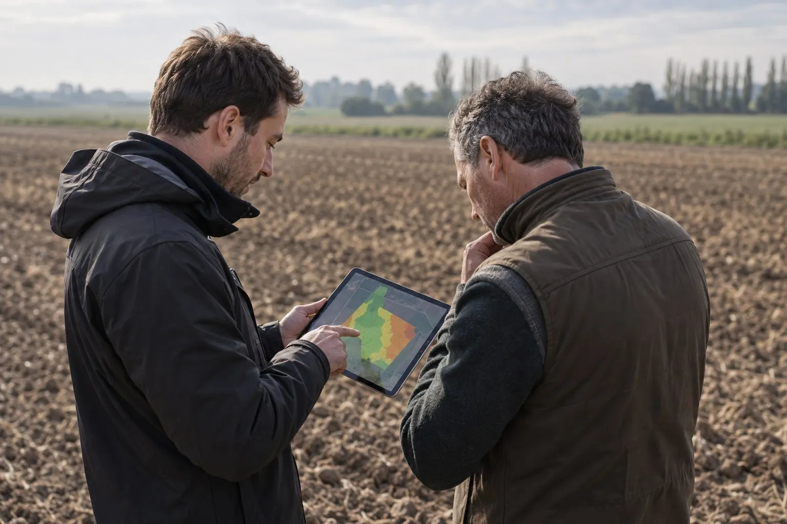 Un conseiller agronome et un agriculteur, dans une parcelle en sol nu, examinent ensemble une carte de zonage sur une tablette.
